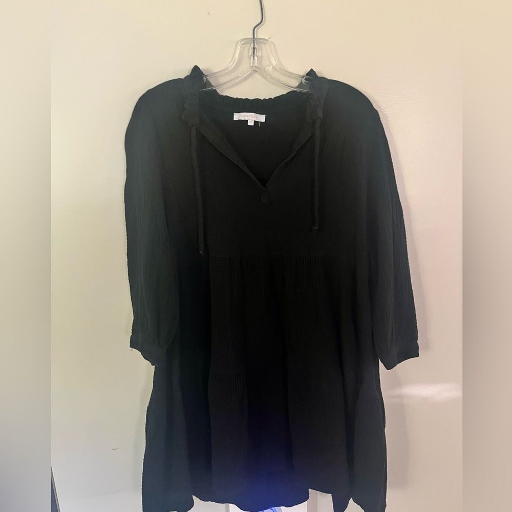 Olivaceous 100% Cotton Black Long-Sleeve Peasant Tunic Dress